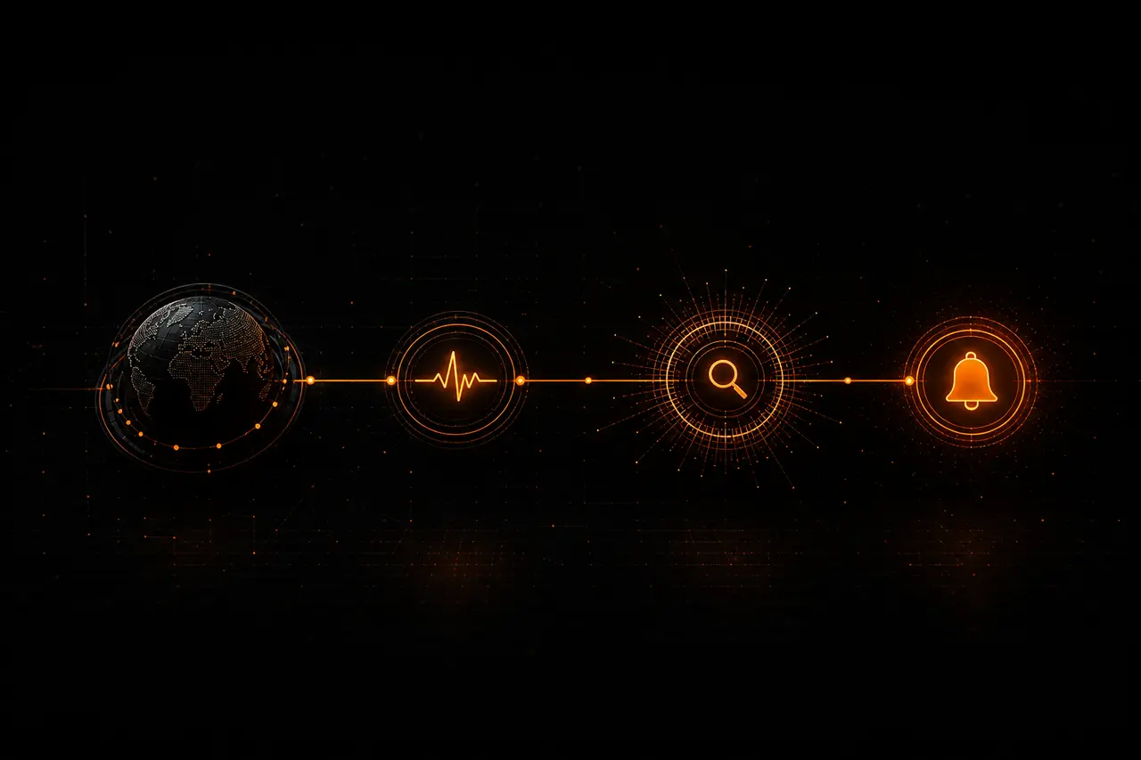 Watch cadence: a website origin connected to a daily pulse, a weekly scan, and an alert.