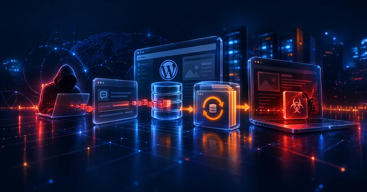 Illustration of a WordPress security vulnerability with a lock icon and warning sign.