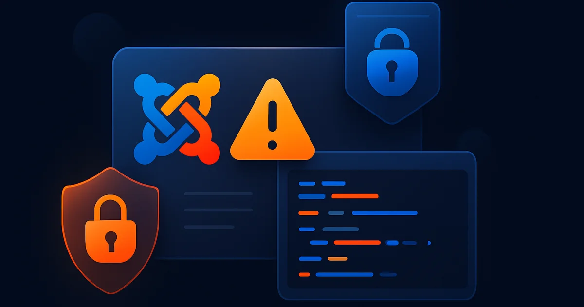 Blog featured image showing Joomla logo with a warning icon and code snippets.