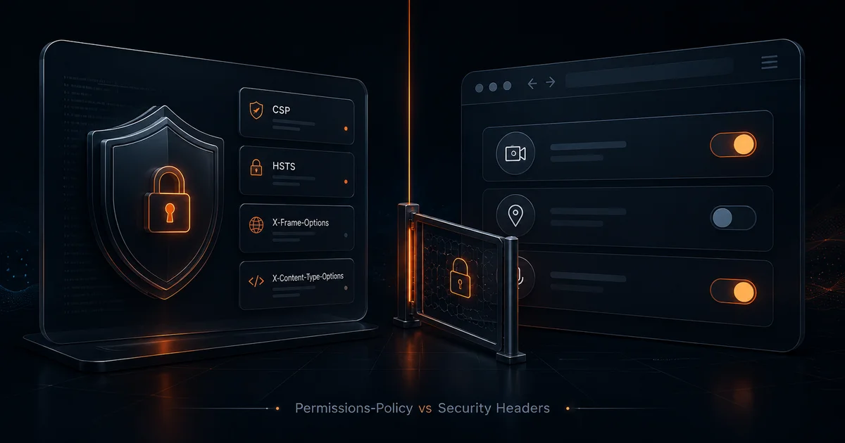 Split security graphic: CSP and HSTS headers on a shield beside Permissions-Policy gates for camera, geolocation, and microphone browser features