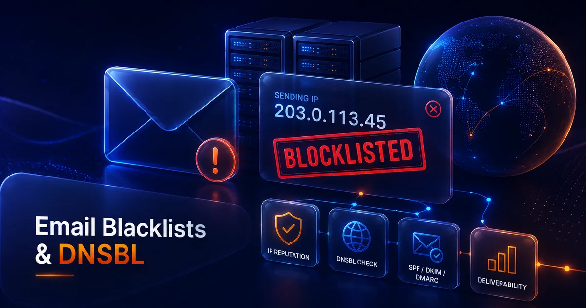 Email server and envelope with a DNSBL blacklist stamp on an IP address chip, illustrating email reputation and deliverability risk