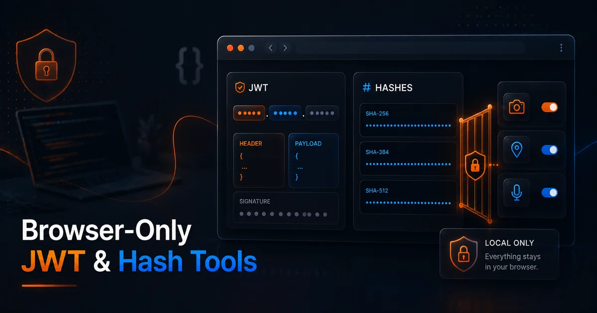 Browser-only JWT decoder showing header and payload JSON blocks with SHA-256 hash digests and a local-only privacy badge in a developer window