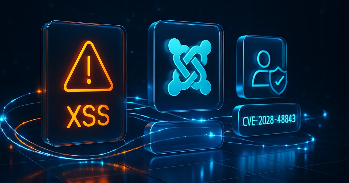 Joomla security update graphic addressing XSS vulnerability in MFA method management.